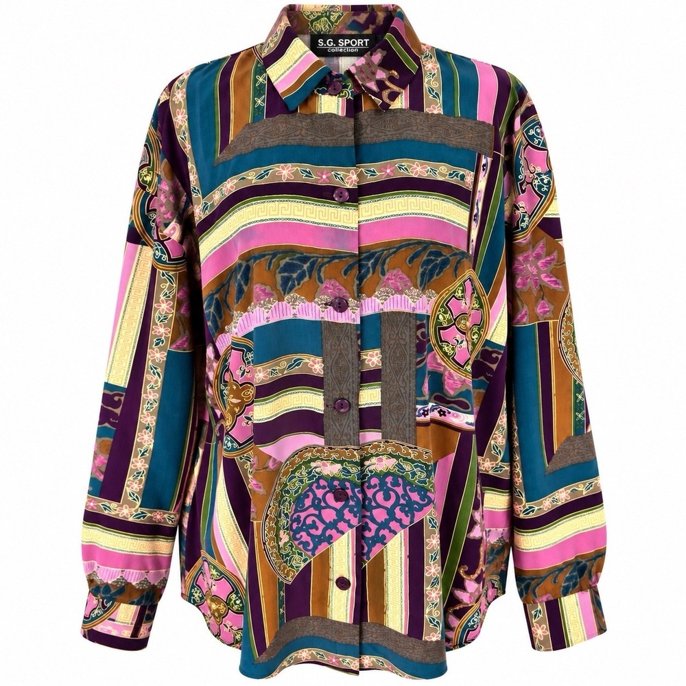 Vintage 90s S.G. Sport L Scarf Print Blouse Baroque Button Up Shirt Made USA